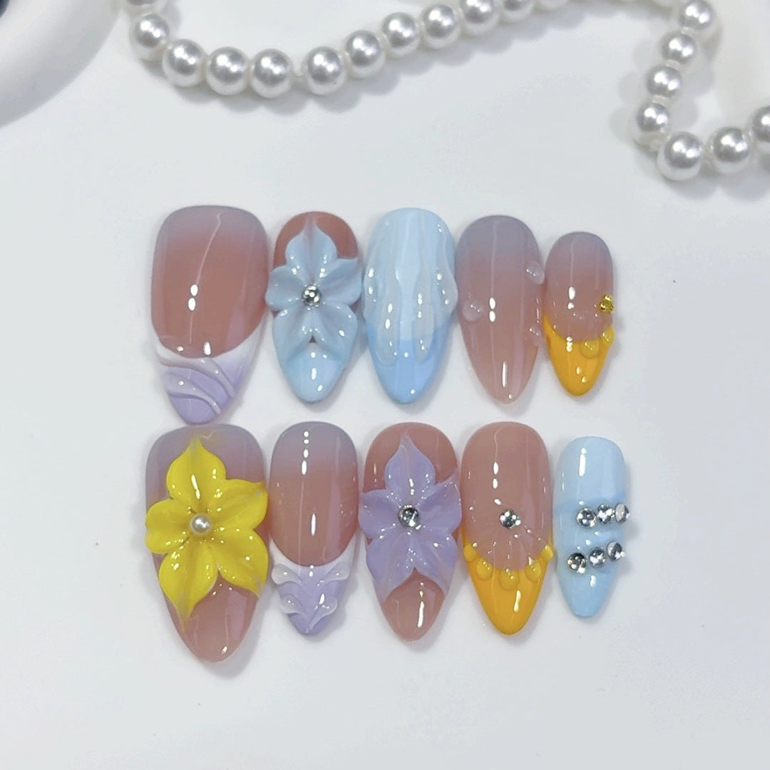 Pastel Bloom: "Colorful Petal" – Medium Almond Handmade Press On Nails