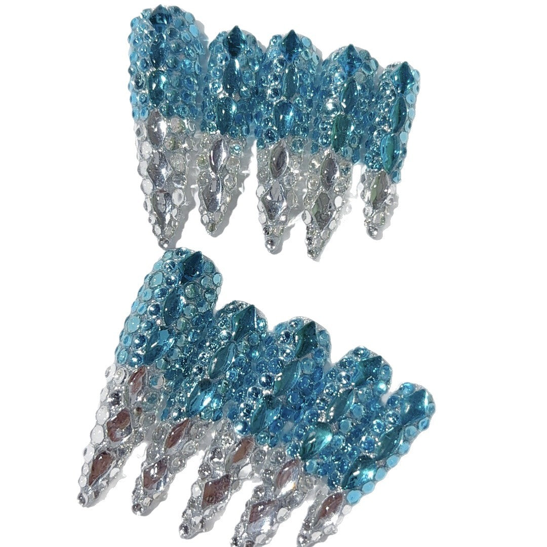 Icy Blue Crystal Embellished Luxury Statement Press On Nails