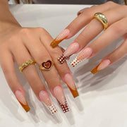Manucure française couleur café, série de faux ongles à pois, approvisionnement direct｜365nails