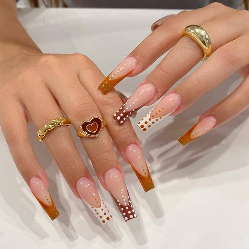 Manucure française couleur café, série de faux ongles à pois, approvisionnement direct｜365nails