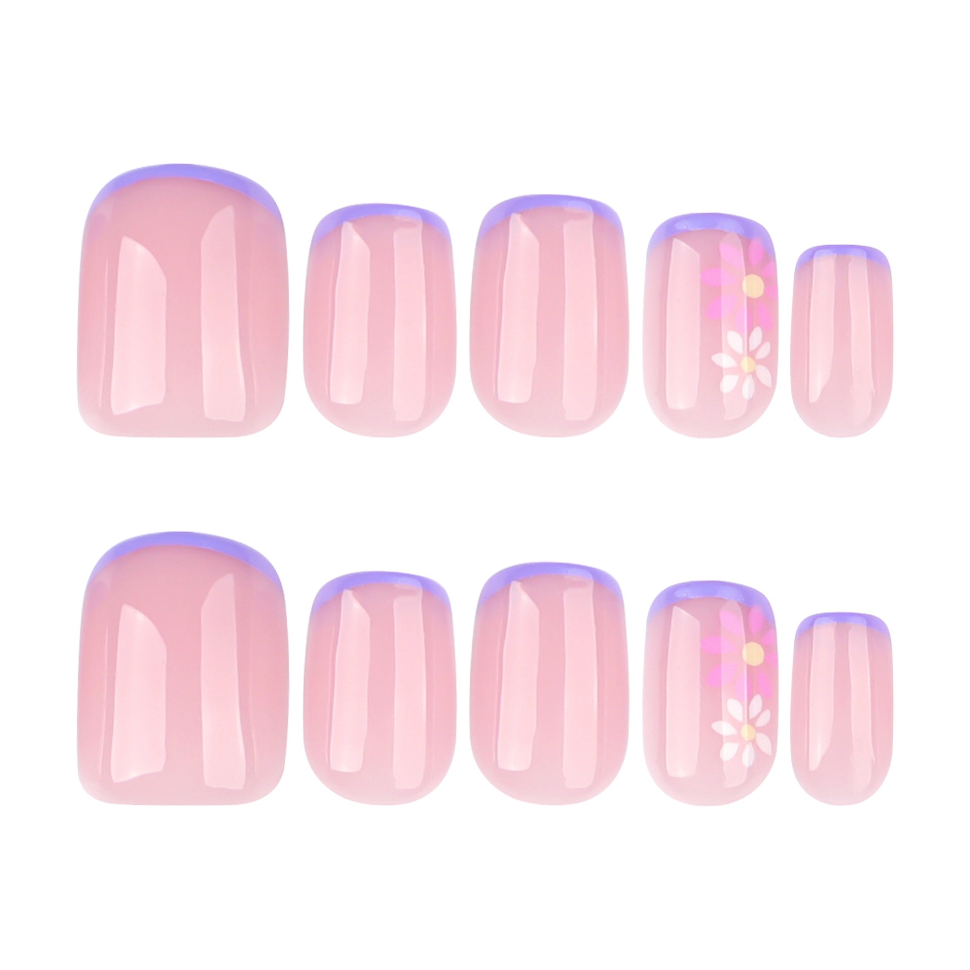 Flores pequenas frescas em vento curto quadrado unha manicure pedaço francês roxo ｜365nails
