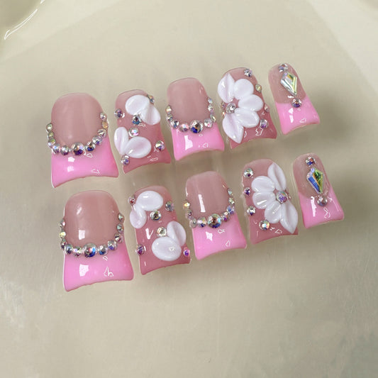 Unhas de bico de pato, unhas francesas doces gravadas, arte de unhas transparentes, desejo puro, alto sentido, unhas postiças artesanais, atacado｜365nails