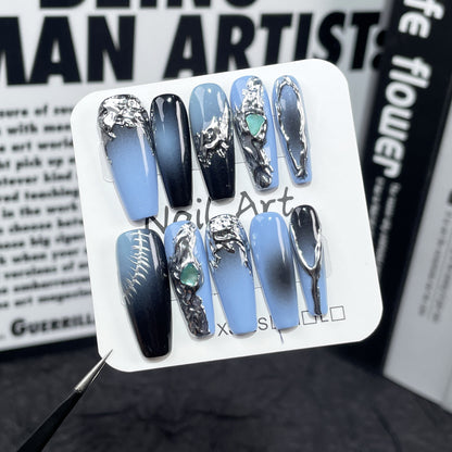 Relief handmade press on nails spray gun gradual change irregular metal shape long nail patch wholesale｜365nails