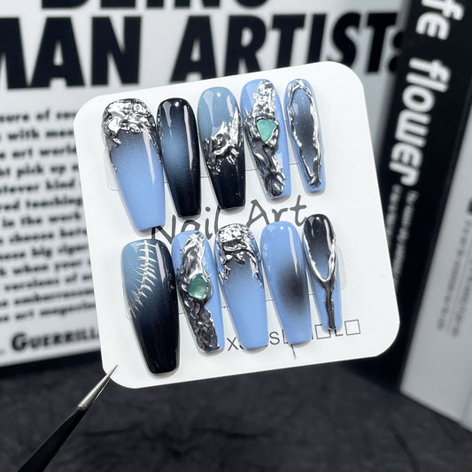 Pistola de pulverização para unhas de pressão artesanais com relevo, mudança gradual, formato irregular de metal, remendo longo para unhas, atacado ｜365nails