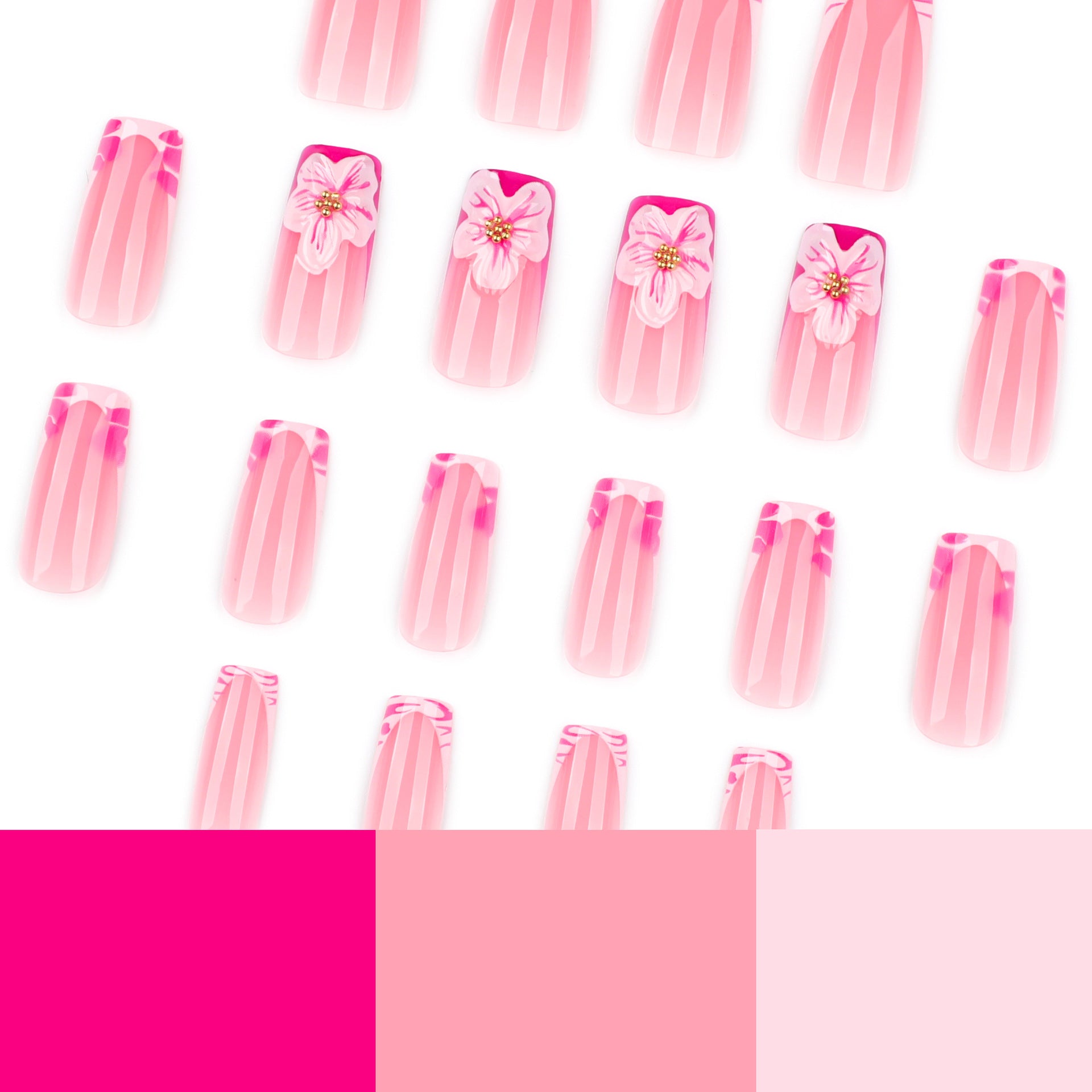 法式粉色斑馬紋穿戴甲 中長款 方形 3D花朵 假甲｜365nails