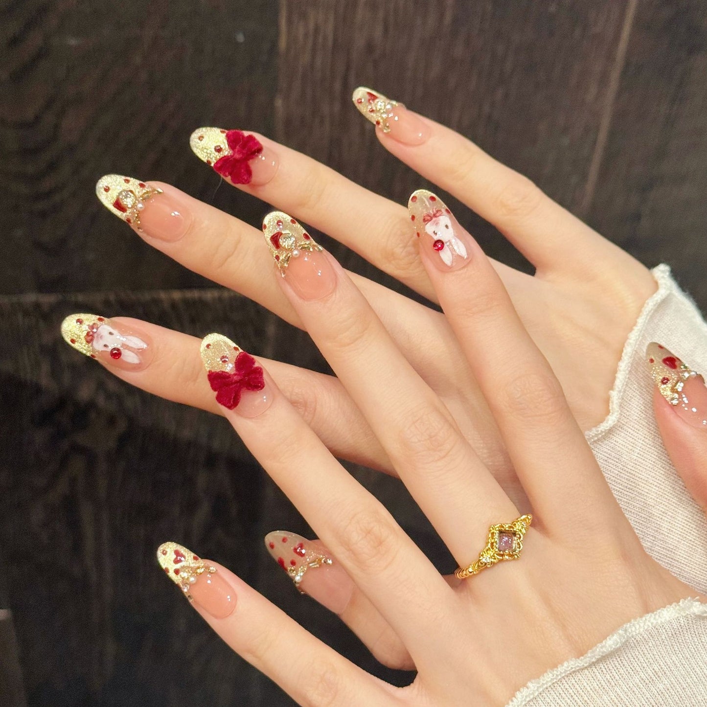 Gold Red Bow Holiday Press On Nails Set