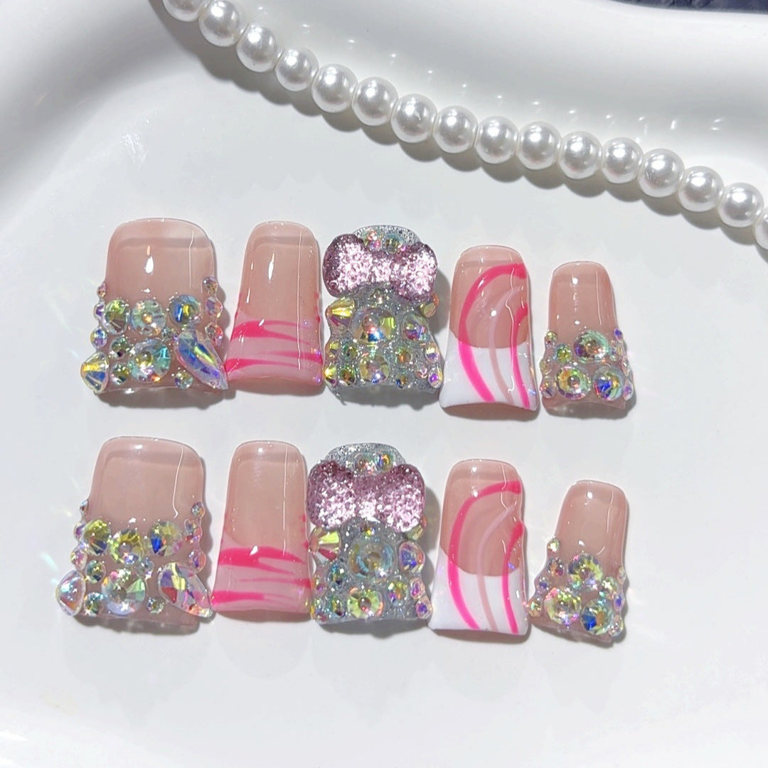 Disco Glow: "Pink Iridescent Crystal" – Square Shape Handmade Press-On Nails