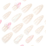 Unhas postiças francesas de pressão rosa, manicure com pérolas 3D, unhas postiças com laço tridimensional, unhas postiças ｜365nails