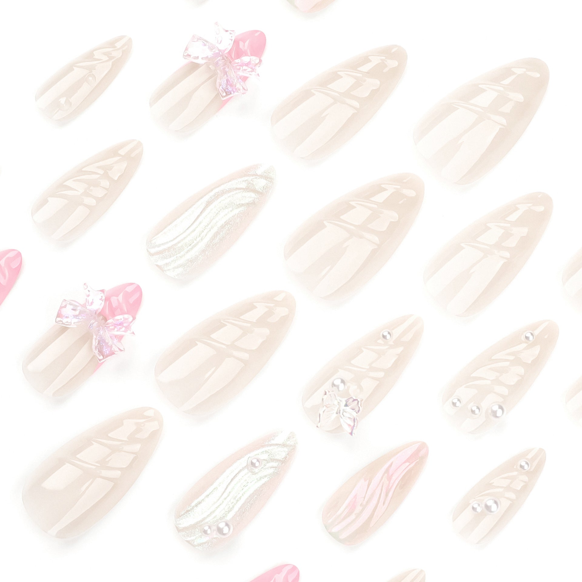 Unhas postiças francesas de pressão rosa, manicure com pérolas 3D, unhas postiças com laço tridimensional, unhas postiças ｜365nails