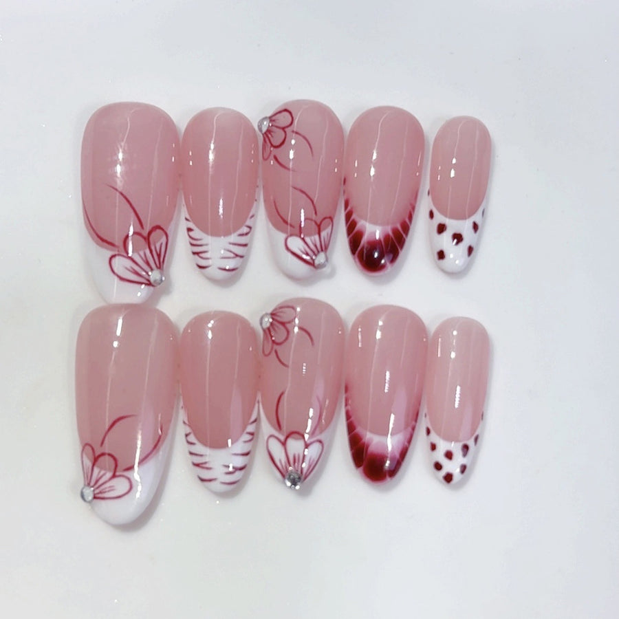 Red Bloom: "Nude Red Floral" – Almond Shape Handmade Press-On Nails