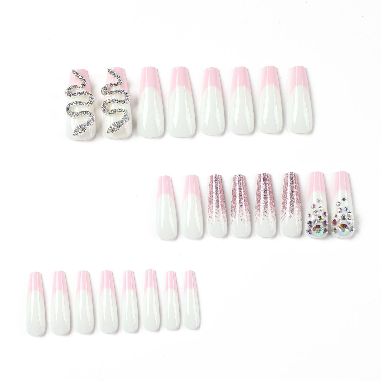 Wear nail wholesale pink French with pink purple glitter and snake rhinestones Wear nail art finished nail pads｜365nails