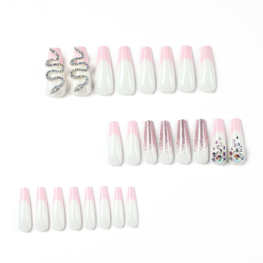 Wear nail wholesale pink French with pink purple glitter and snake rhinestones Wear nail art finished nail pads｜365nails