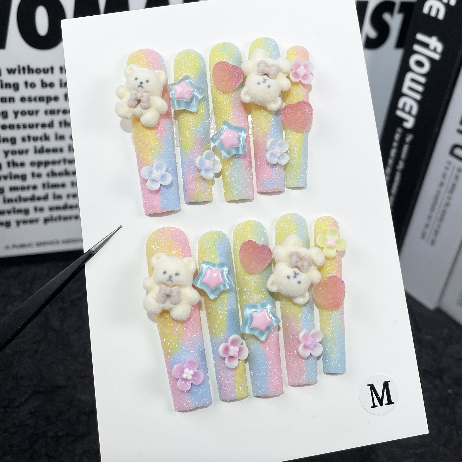 Unhas longas de cachimbo de água, urso fofo de macaron flocado, adesivo de atacado para unhas de pressão feitas à mão ｜ 365nails