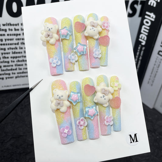 Super long water pipe nail Macaron flocking bear cute Handmade press on nails wholesale  sticker｜365nails