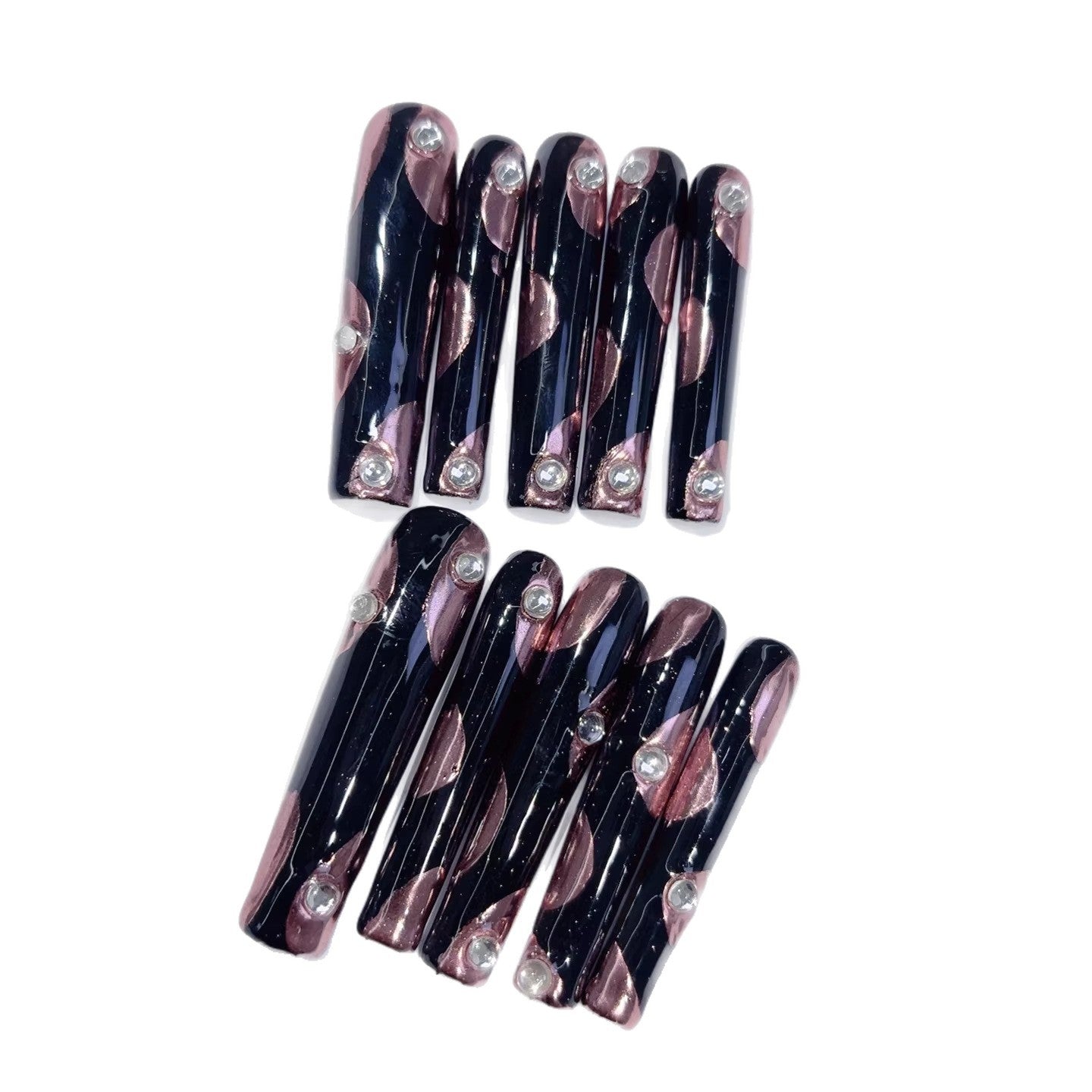 365nails: "Midnight Rose Glam" – Unhas Postiças Artesanais Extra Longas Quadradas Pretas e Rosas Metálicas com Strass