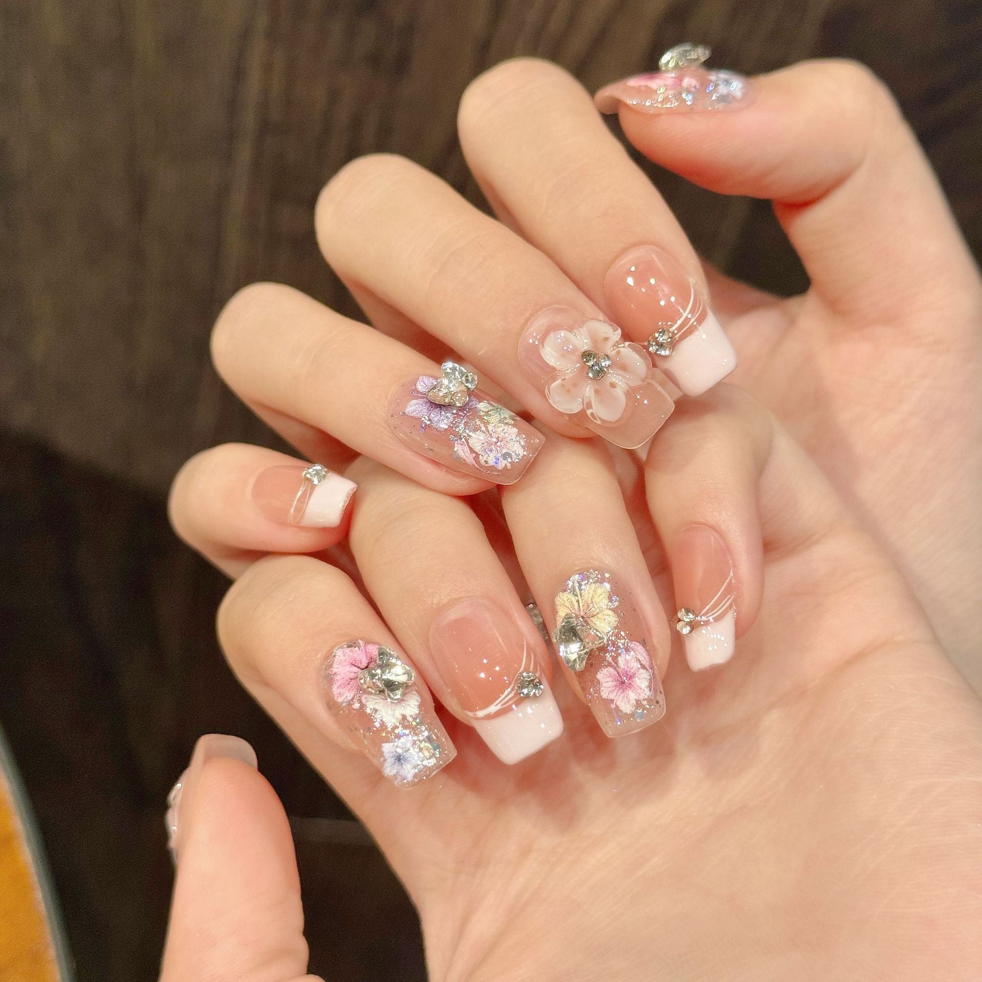 Pastel Floral Pink Glitter Handmade Press On Nails