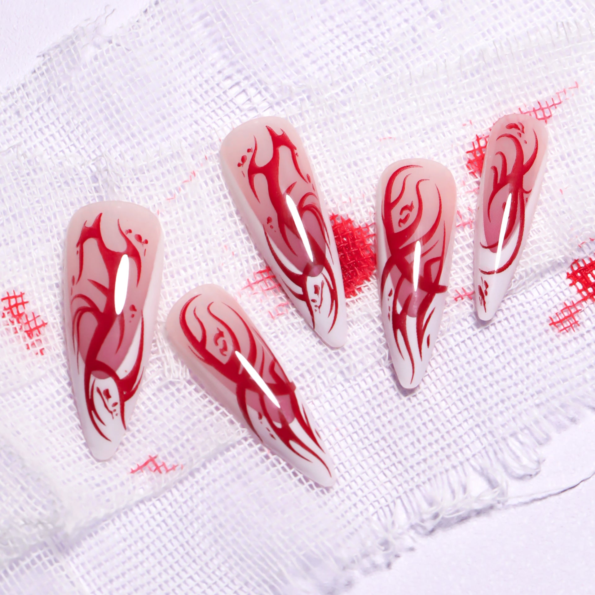 可重複使用萬聖節美甲 法式長款尖形 紅色火焰暈染｜365nails