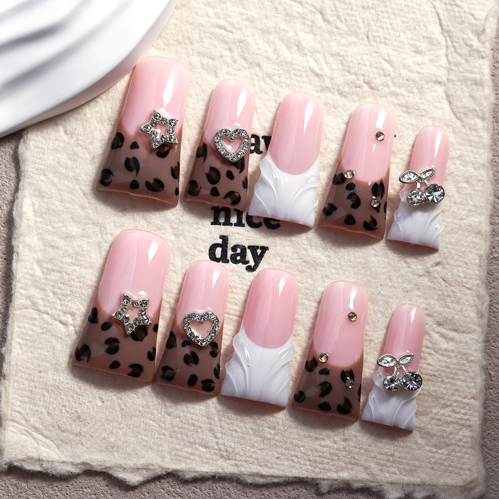 Sweet Pink Leopard Heart Crystal Press On Nails