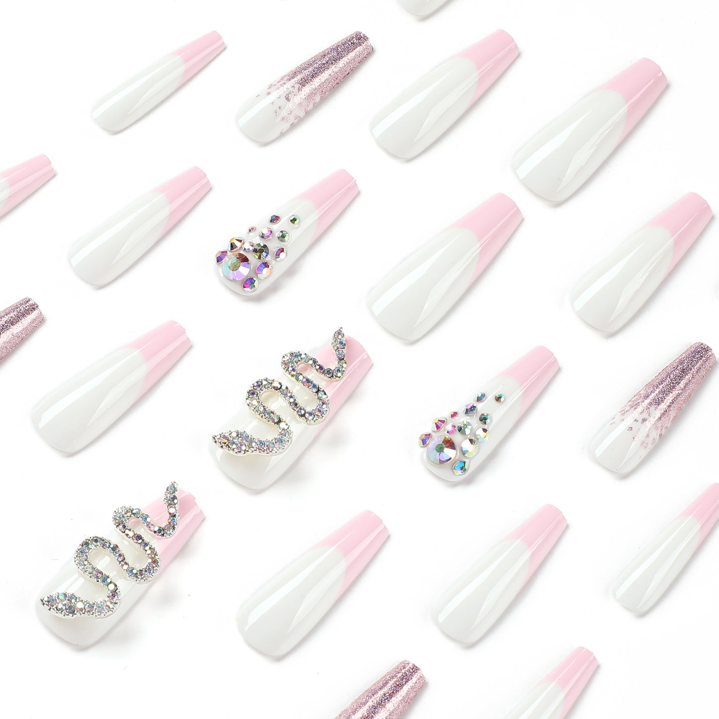 Wear nail wholesale pink French with pink purple glitter and snake rhinestones Wear nail art finished nail pads｜365nails