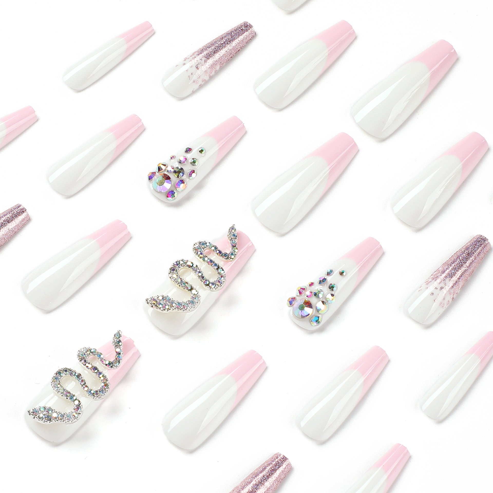 Use unhas atacado rosa francesa com glitter roxo rosa e strass de cobra Use almofadas de unhas acabadas para arte de unhas ｜ 365nails