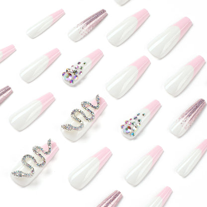 Wear nail wholesale pink French with pink purple glitter and snake rhinestones Wear nail art finished nail pads｜365nails