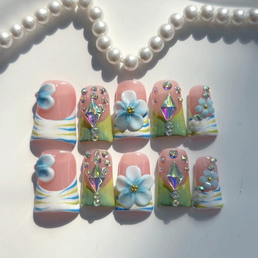 Spring Garden: "Blossom Jewel" – Unhas Postiças Quadradas Curtas Feitas à Mão