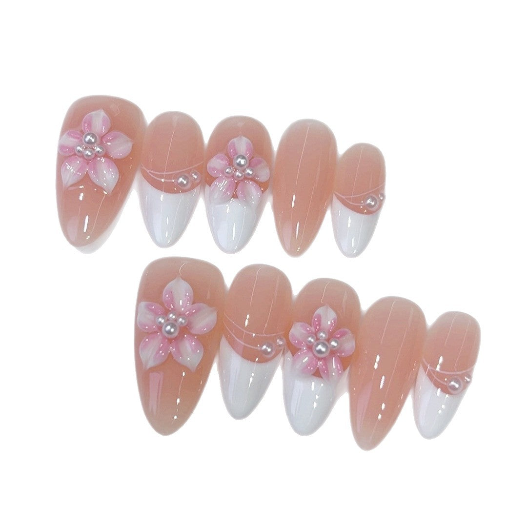 Sakura Pearl French: "Pink Floral" – Almond Press-On Nails