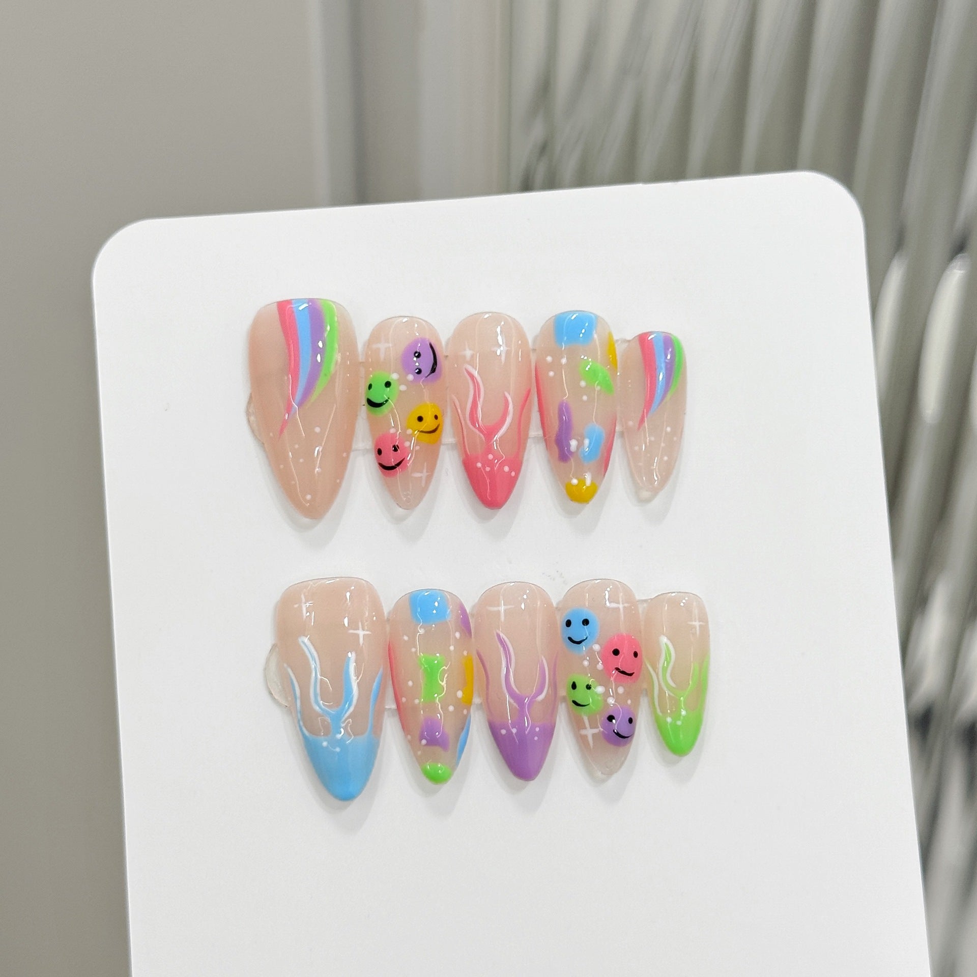 small fresh summer rainbow hand-painted smiley face colorful cute graffiti Thai plastic wind press on nails | 365nails
