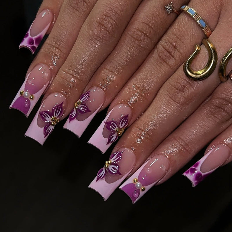 Long Square Press On Nails with Pink Base & Purple Floral & Accents