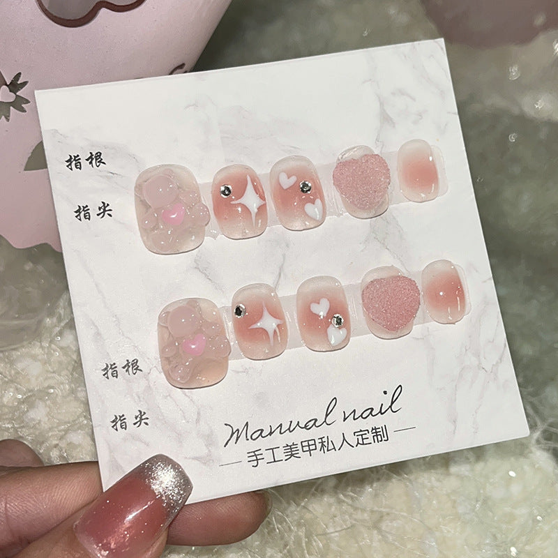Love candy hug bear flash diamond spring and summer cute nail patch Handmade Press-on Nails short nail fake nail wholesale｜365nails