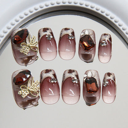 Nail Tips  prefabricated nail burgundy pigeon egg burst diamond metal bow cat eye leopard print French diamond ｜365nails