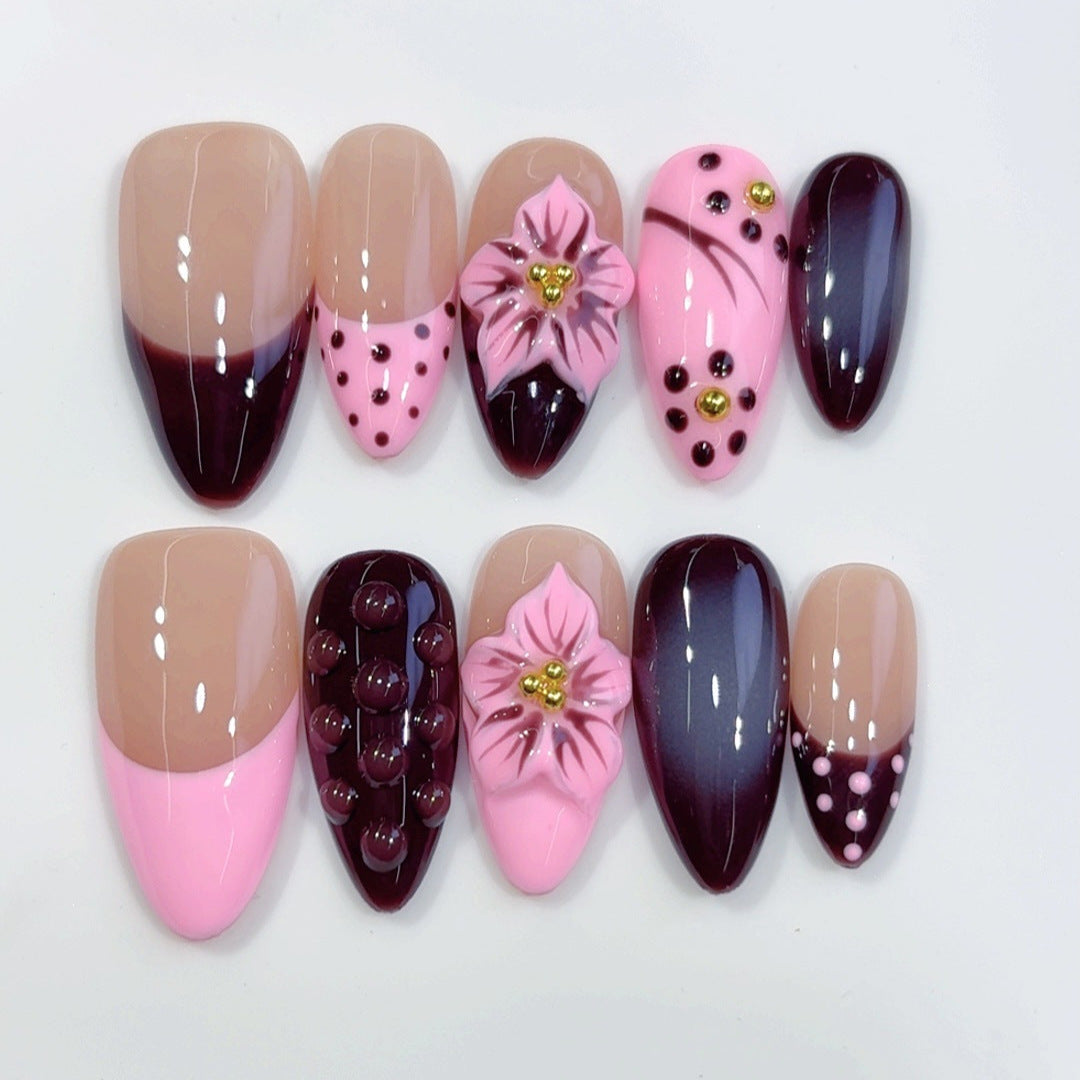 Noir Pink: "Midnight Cherry" – Long Almond Handmade Press-On Nails