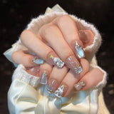 Porcelain White Cat‑Eye Press‑On Nails – Christmas Tree & Crystal Design