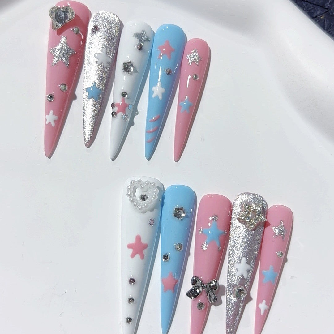 粉彩星星水鑽甜美穿戴甲套組