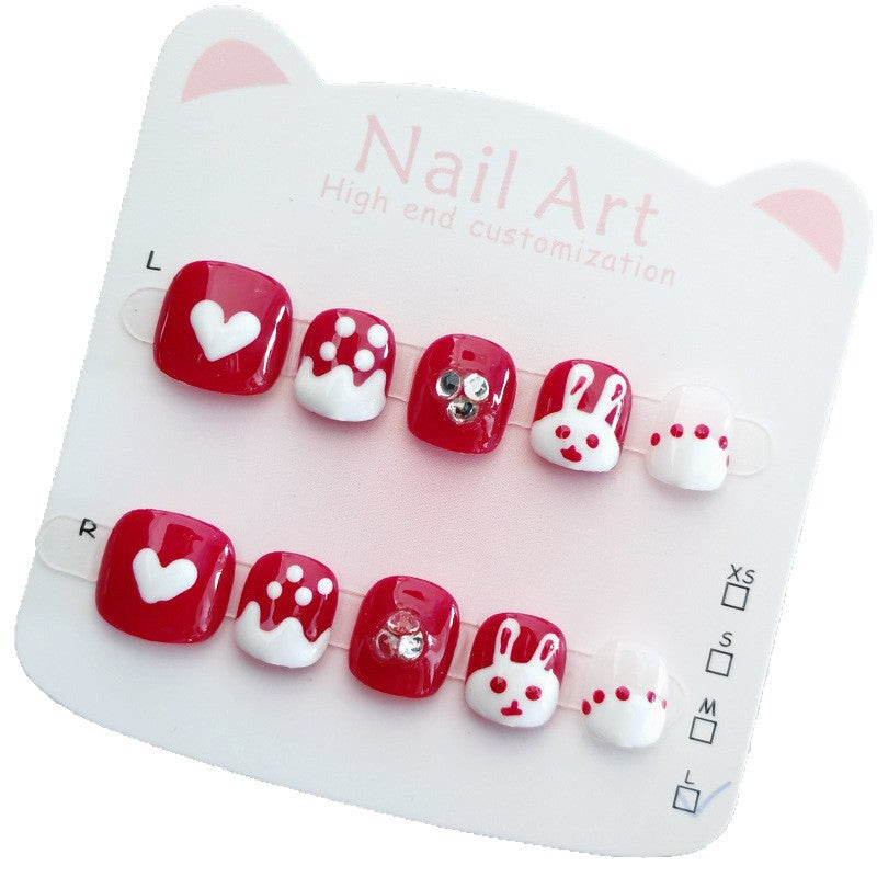 365nails-Lucky Bunny Kids Series: "可愛紅兔" – 短款方形兒童穿戴甲