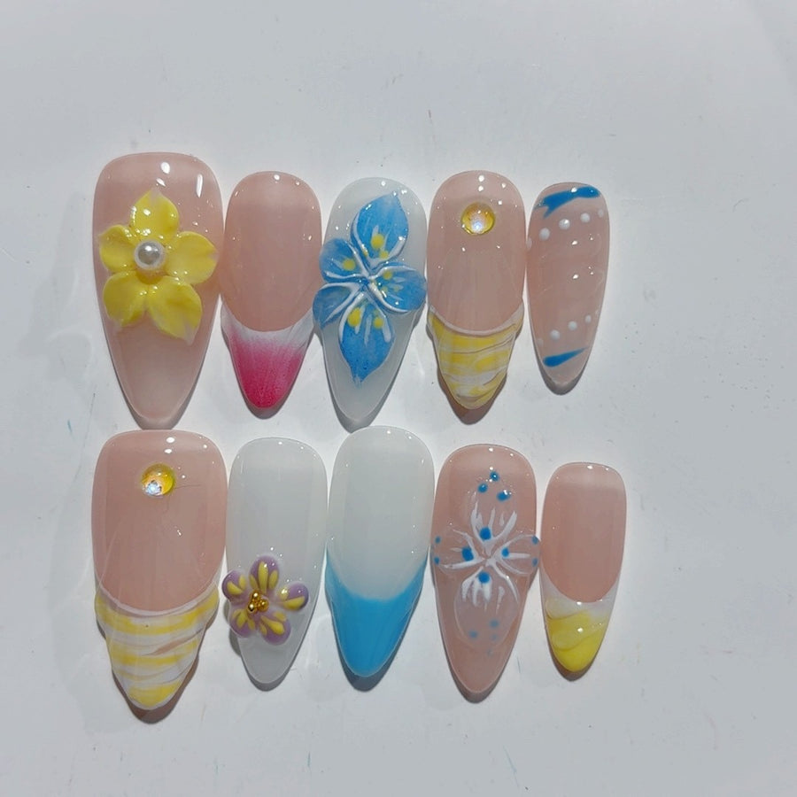 365nails-스프링 블룸: "컬러풀 플로럴" – 아몬드형 수제 3D 조각 프레스온 네일