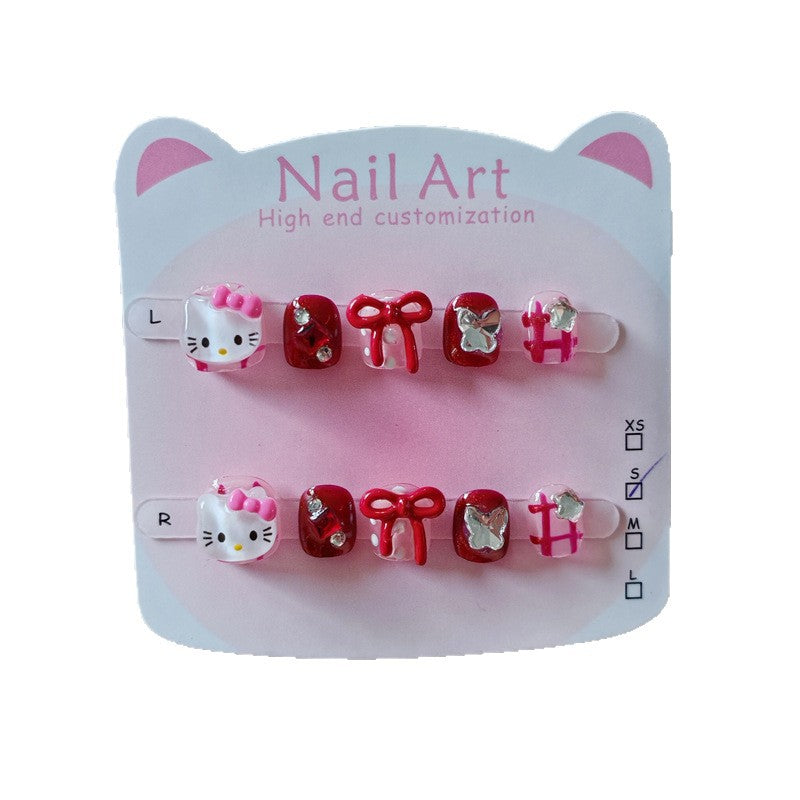 365Nails: "Hello Kitty Laço Rubi" – Unhas Postiças Curtas Ovais Feitas à Mão