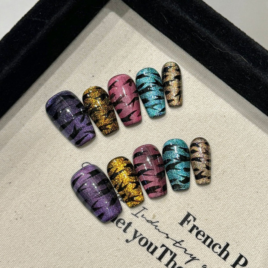 365nails: "Electric Safari" – Multi-Color Metallic Tiger Stripe Handmade Medium Square Nails