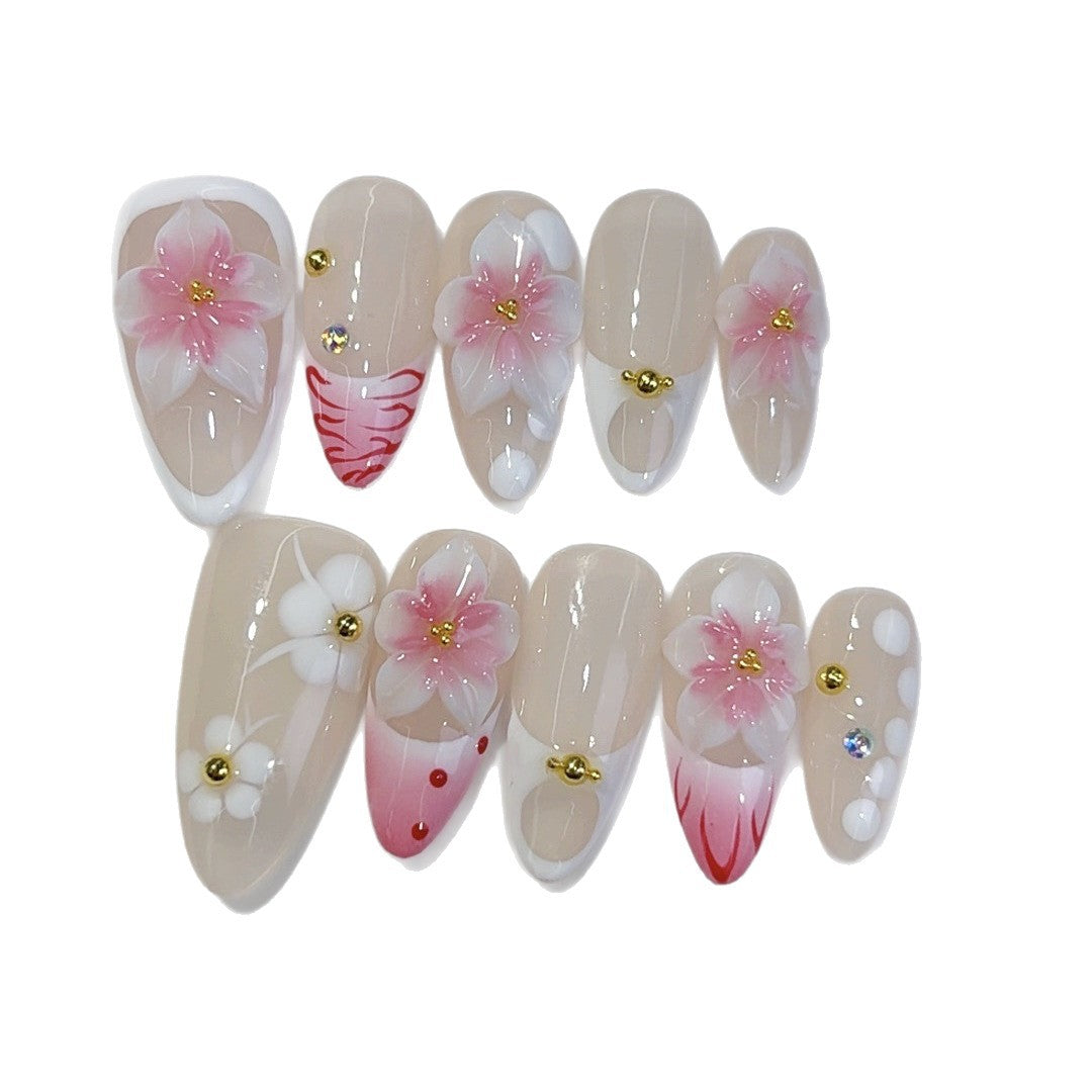 Éclosion Sakura : « Grâce Florale 3D » – Ongles press-on forme amande