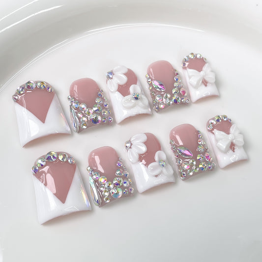 Unhas de bico de pato transparentes, francesas, com remendo de diamante completo, tridimensional, para unhas postiças, feitas à mão pura｜365nails