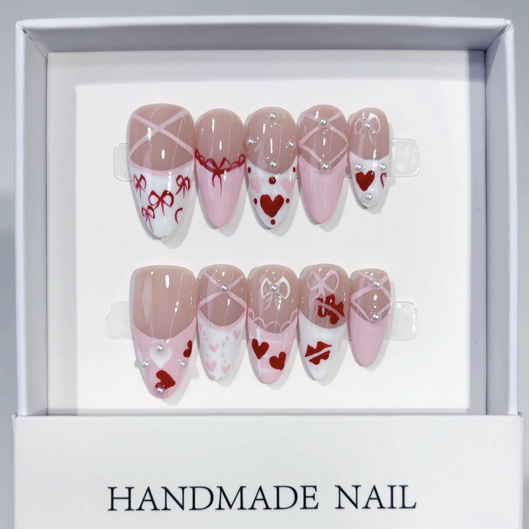 Coquette Romance: "Pink Bow Heart" – Almond Shape Handmade Press-Ons