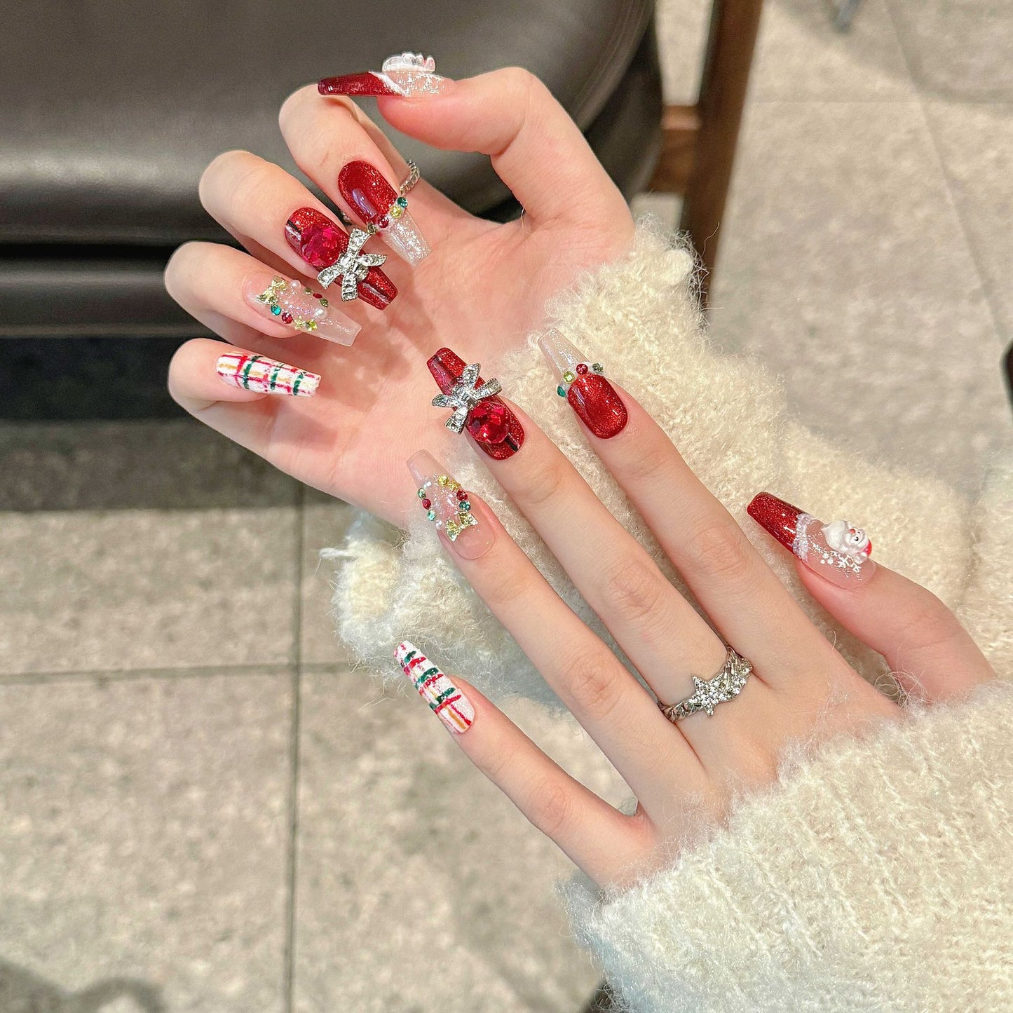 Luxury Santa Christmas Press‑On Nails – Red Plaid & Bow Design