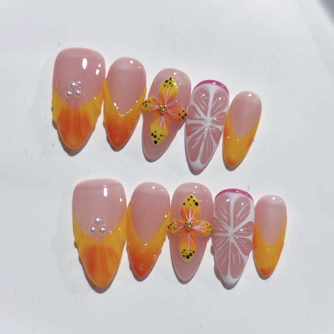 Tropical Citrus: "Sunset Citrus Bloom" – Medium Almond Nude & Orange Gradient Handmade Press-On