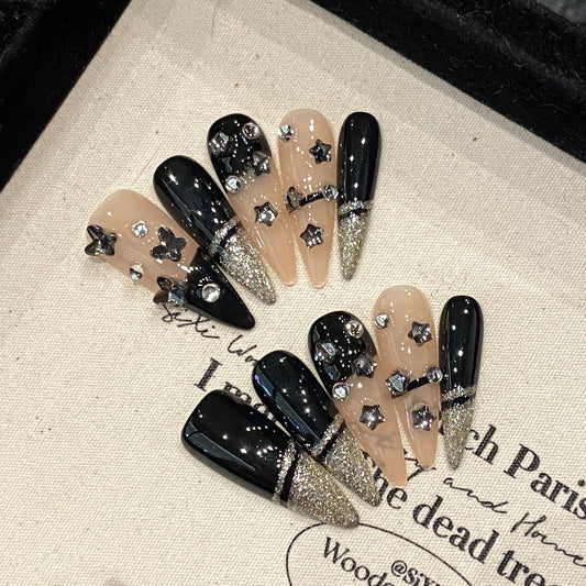 Dark Wind Spice Girl Exclusive Handmade High-quality Black Gold Star Boutique Spice Girl Nail Art False Nails | 365nails