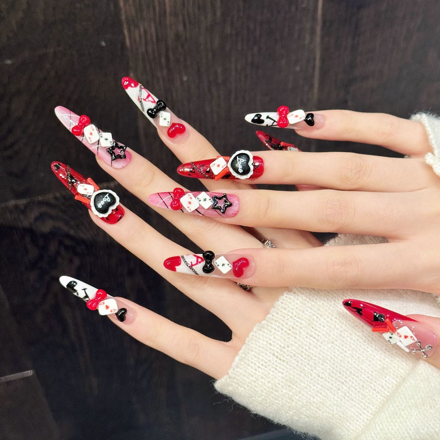 Red Black Ace Card Casino Glam Nails