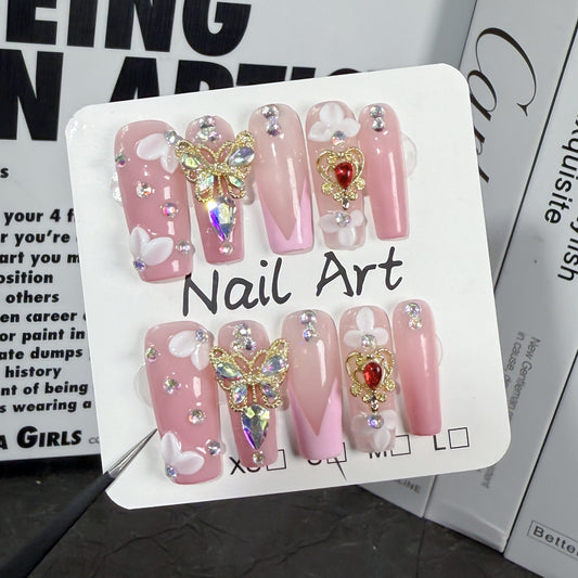 Medium and long square handmade press-on nails, three-dimensional engraving, sweet and explosive long nail art finished product factory wholesale｜365nails