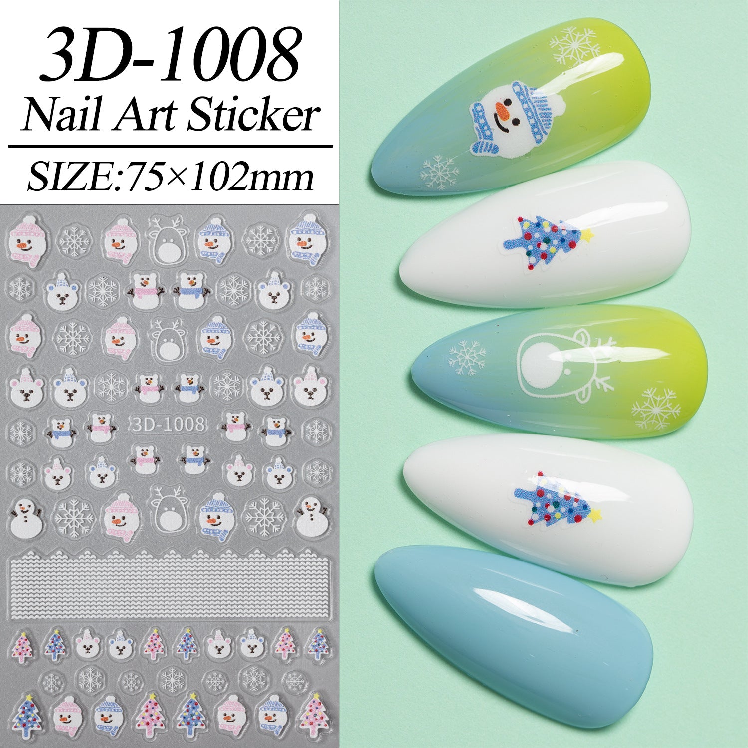 Christmas Series Nail Art Sticker Flat Belt Adhesive Christmas Snowman Elk Nail Sticker Ornament 3D