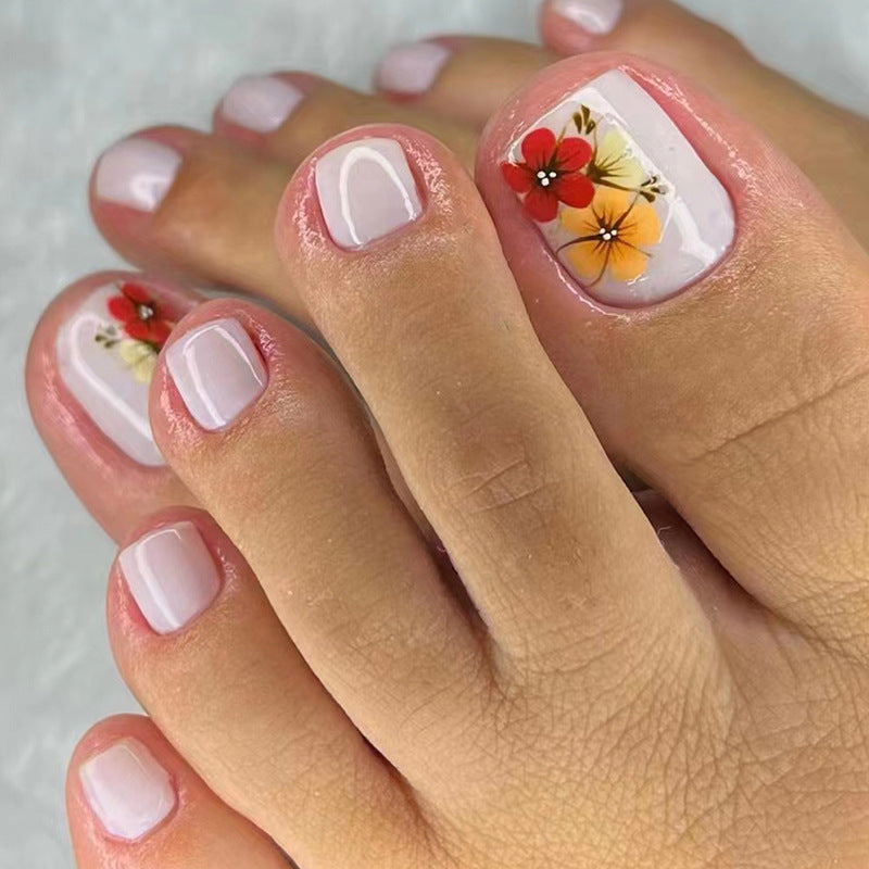 豐盛花卉｜夏日彩色橘白甜美可拆卸足用穿戴甲｜365nails