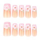 Medium and long 3D three-dimensional pink flower French square press-on nails
