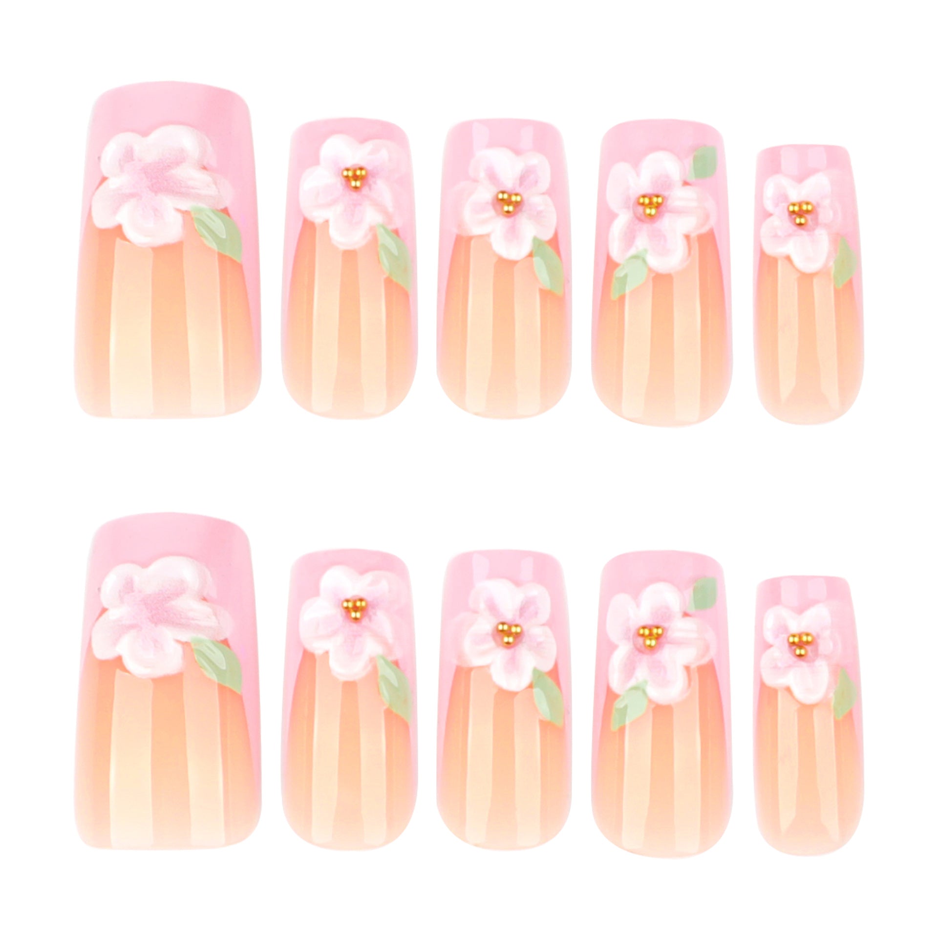 Medium and long 3D three-dimensional pink flower French square press-on nails
